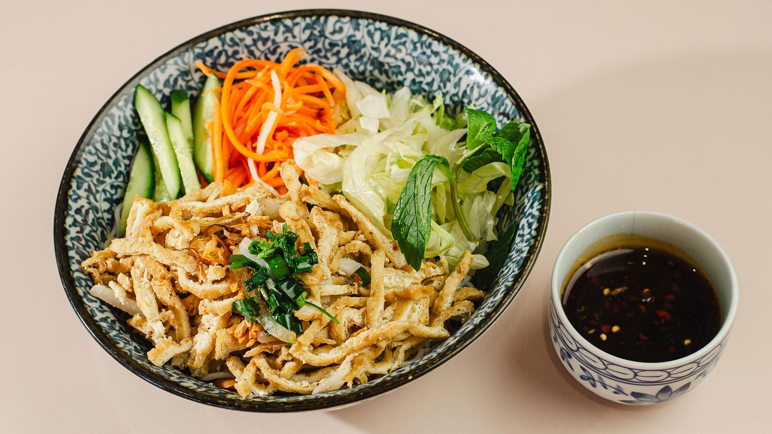 Crispy Taro and Tofu Vermicelli Noodle Bowl