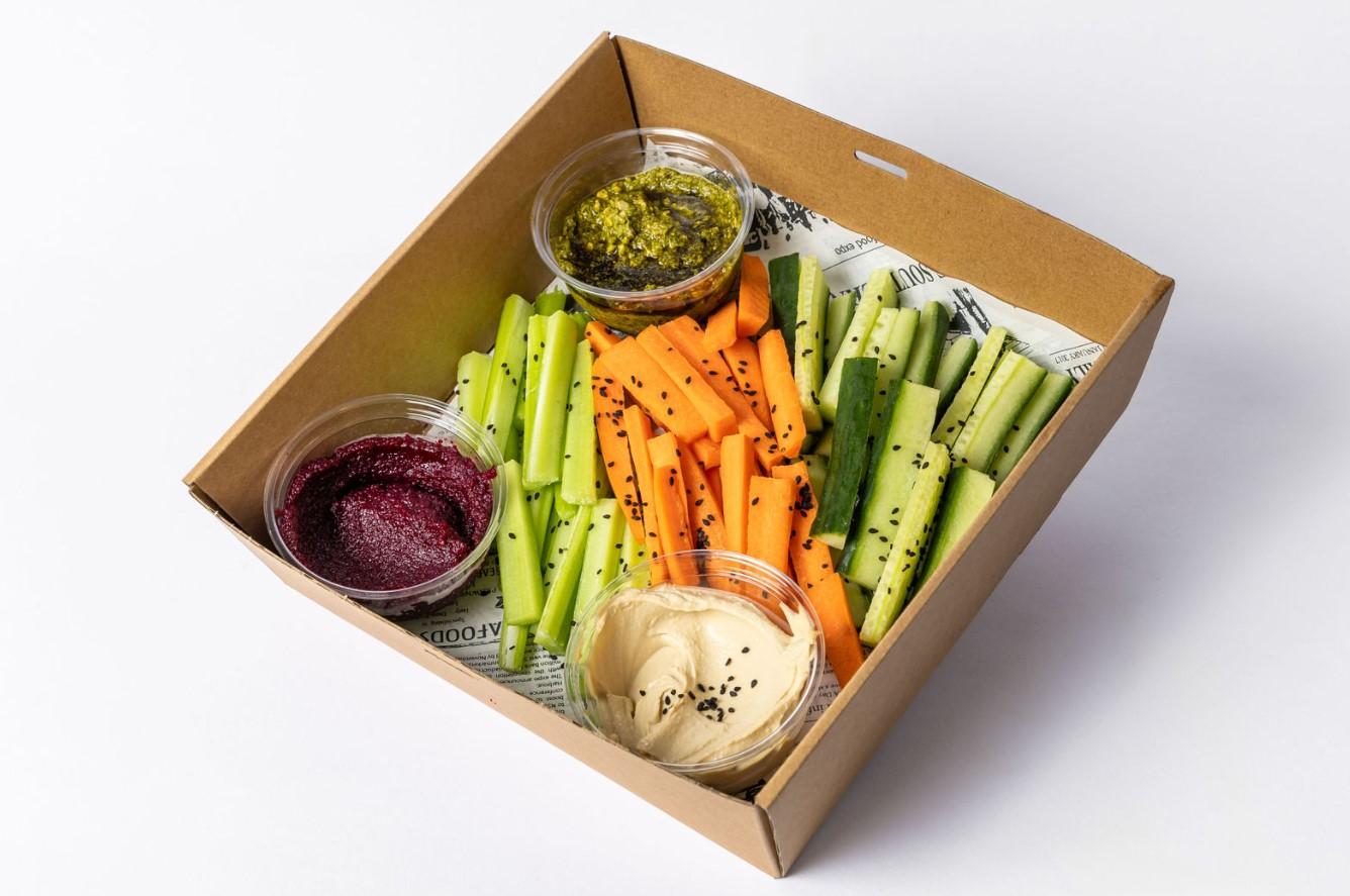Sliced Vegetables and Mixed Dips