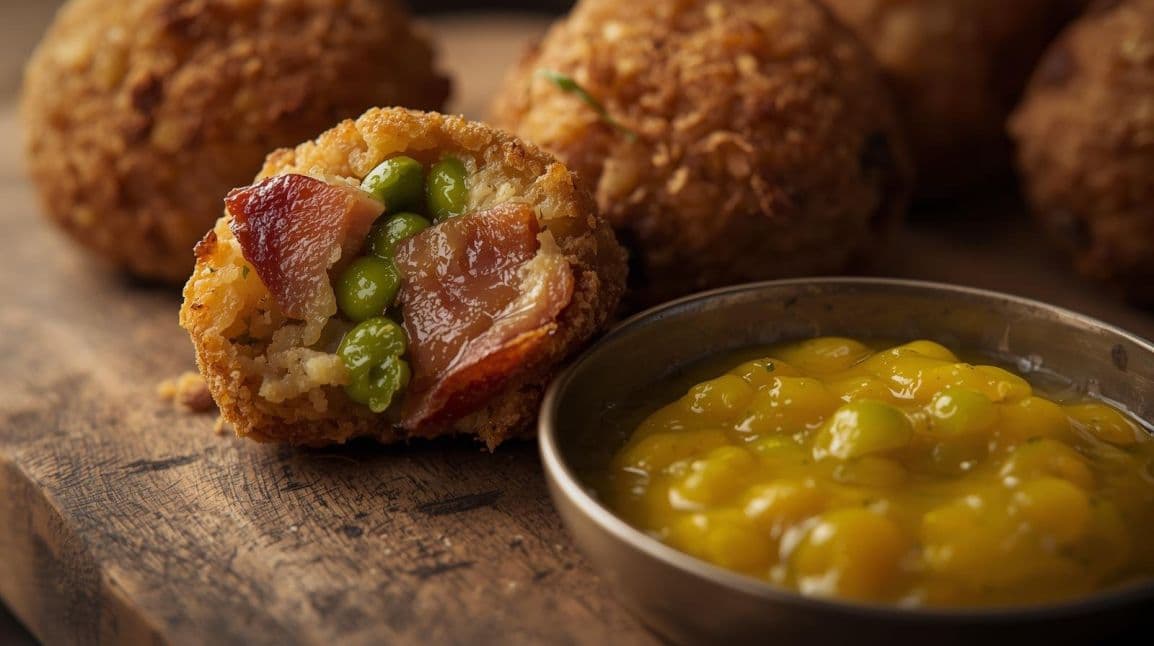 Bacon & Pea Arancini with Pickled Mustard