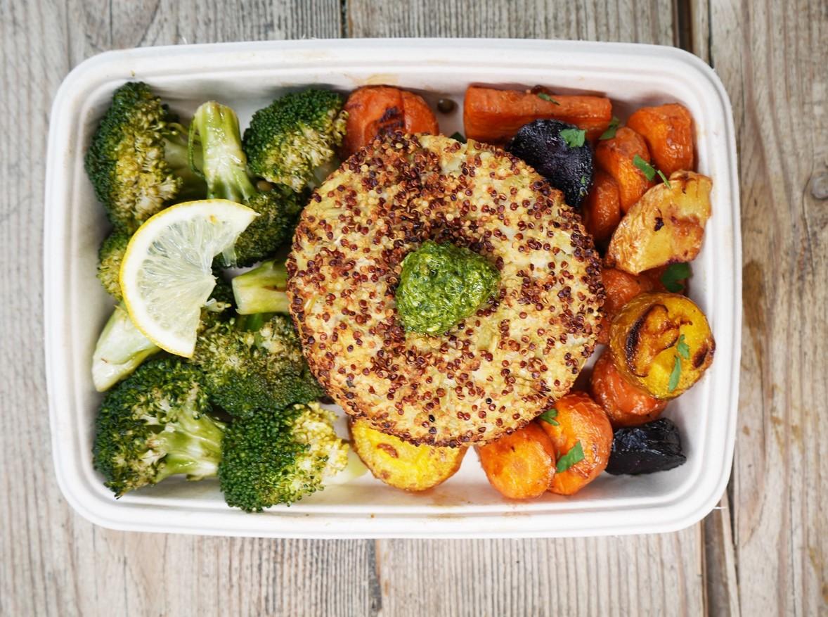 Pesto Vegan Patty, Roast Vegetables, Broccoli