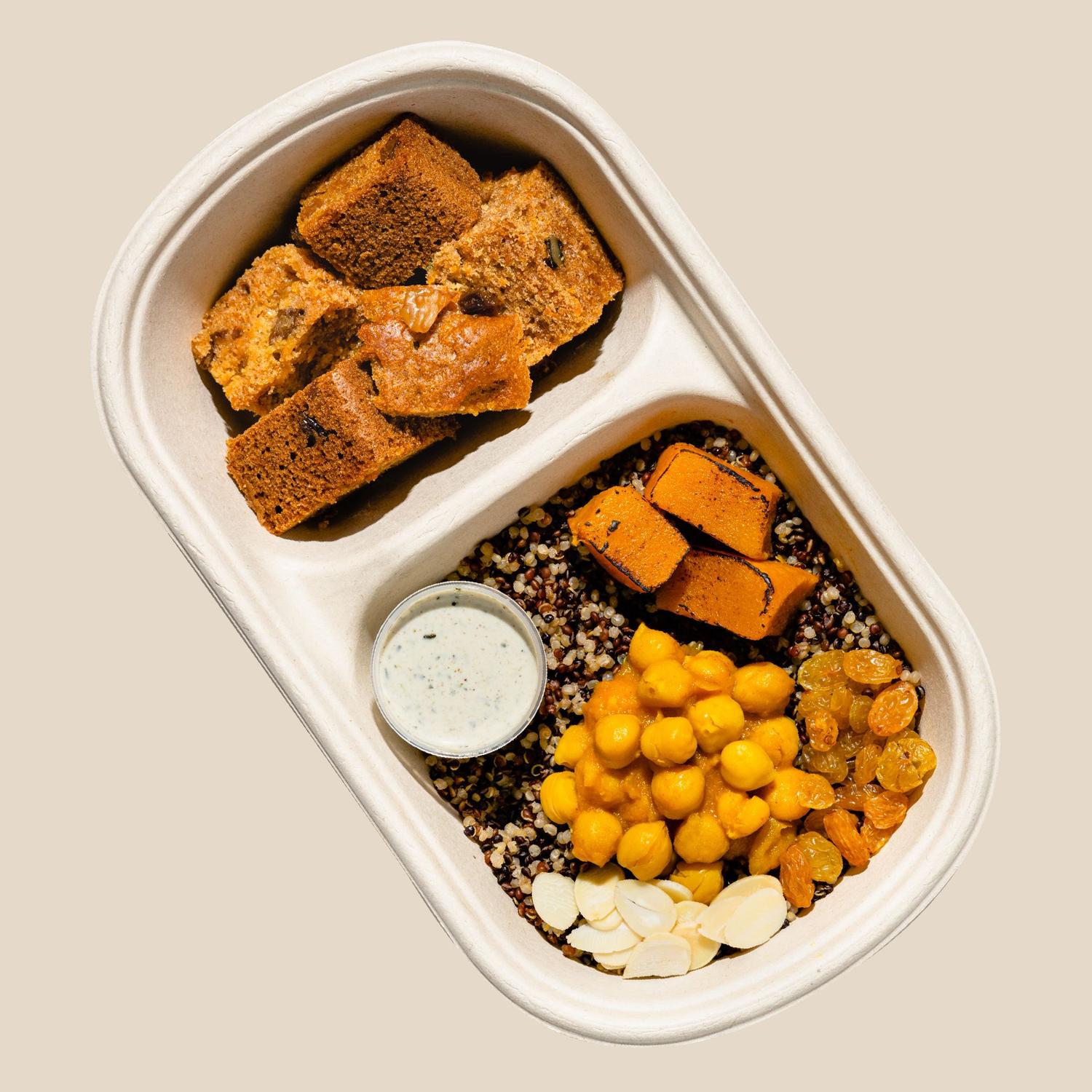 Quinoa Chickpea Salad & Walnut Raisin Carrot Cake