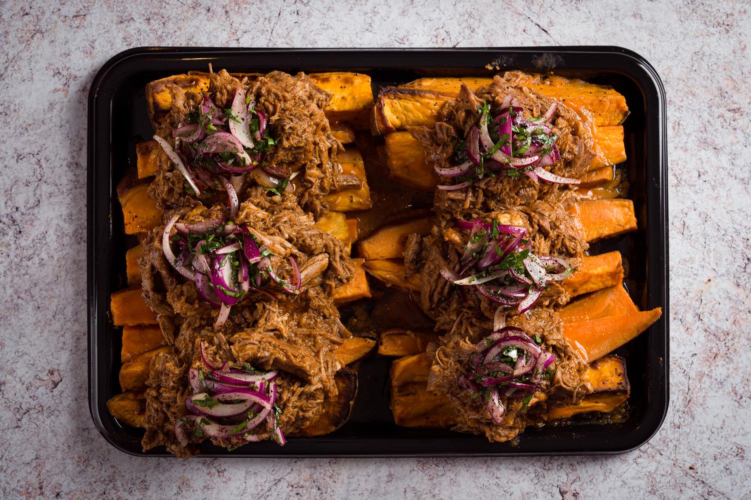 Slow Cooked Pulled Lamb and Roasted Sweet Potato 