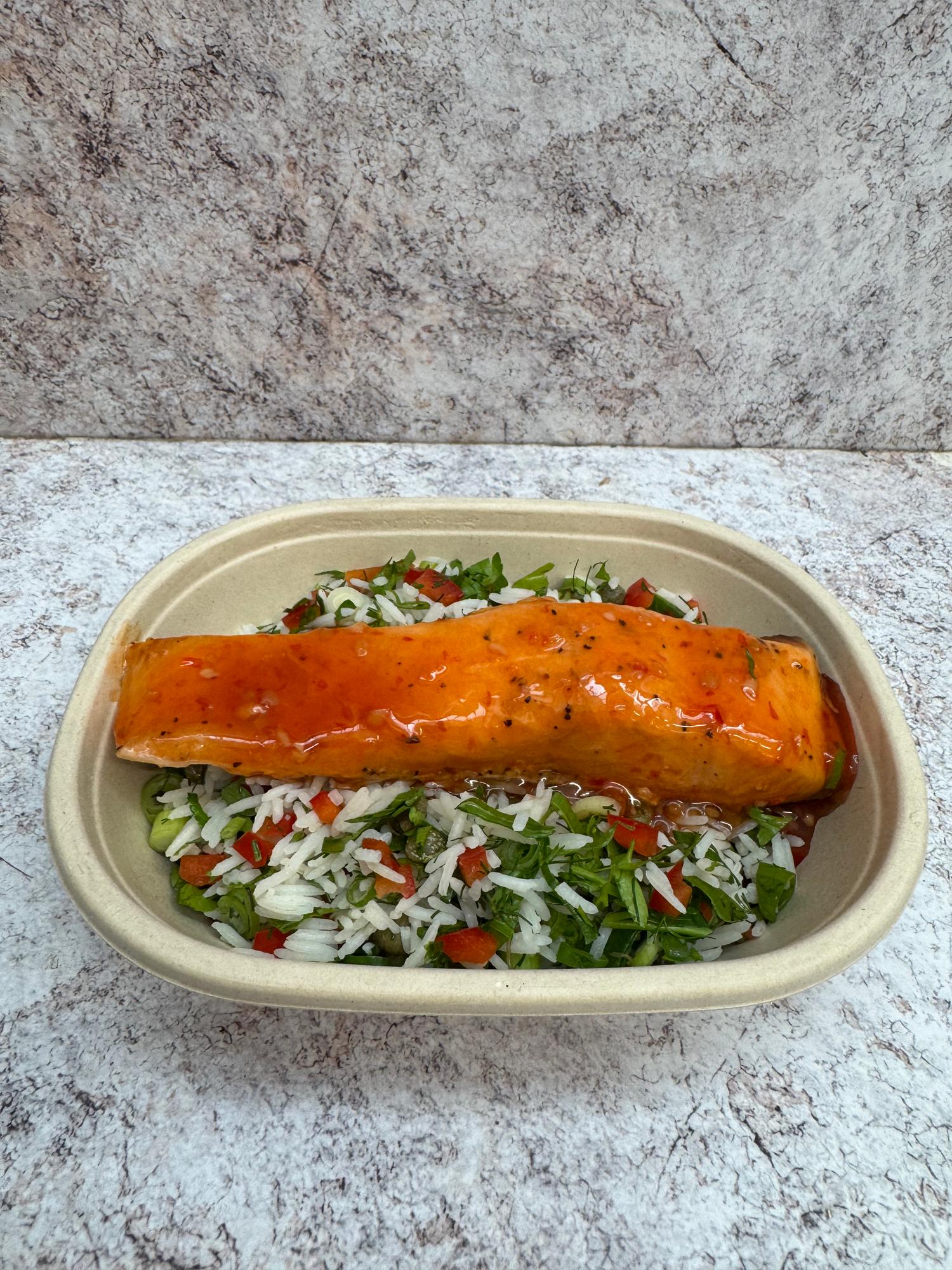 Sweet chilli Salmon & Mediterranean Rice Salad 