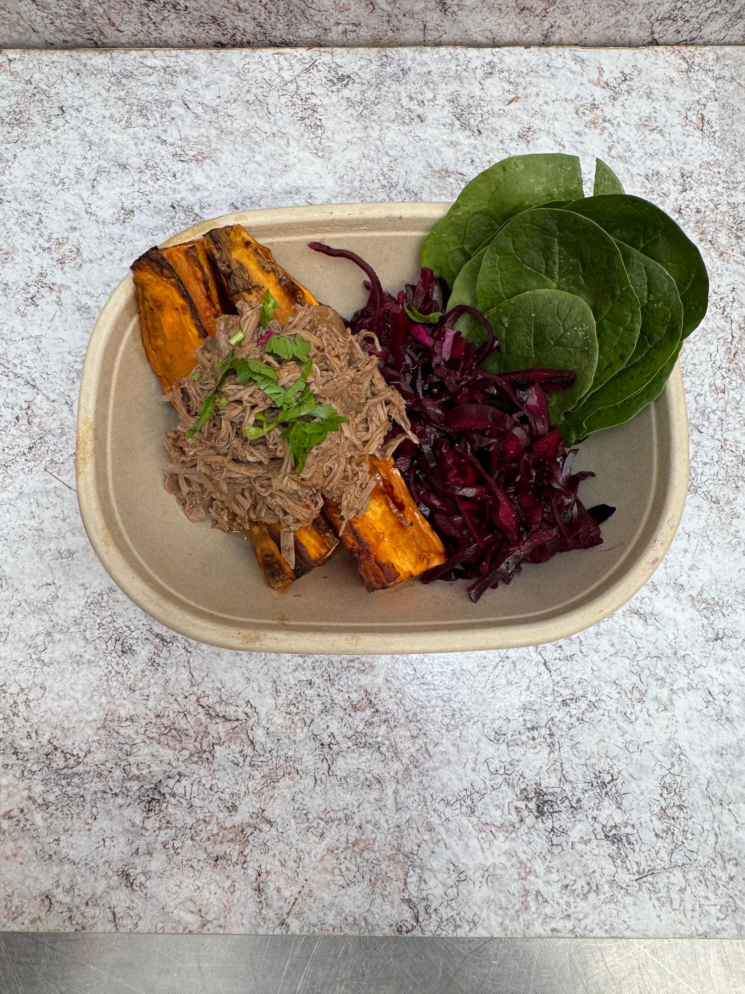 Pulled Lamb & Roasted Sweet potato & Garnish 