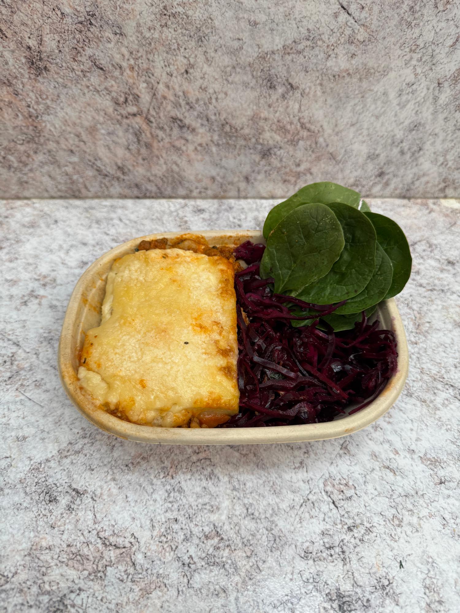 Beef Lasagne served with Red cabbage & spinach 
