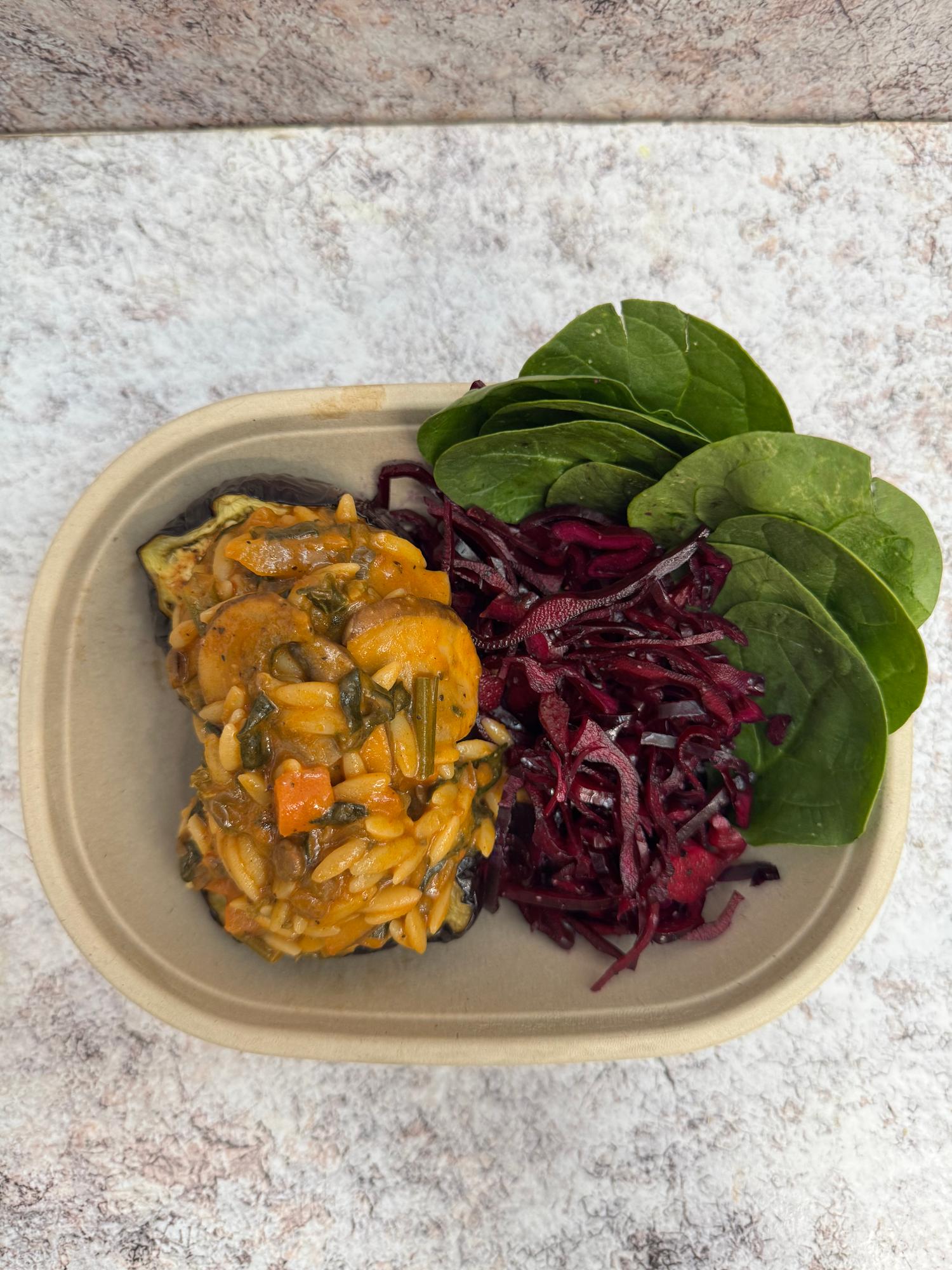 Orzo Aubergine with Red cabbage & Spinach Garnish