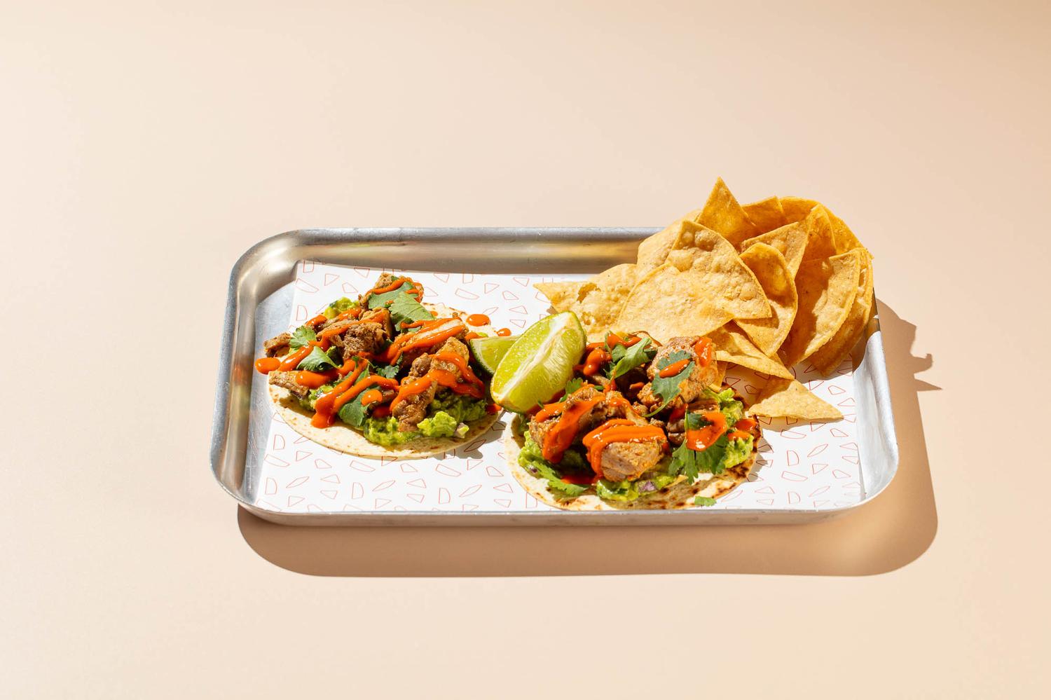 2 Chicken Tacos & Box of Tortilla Chips