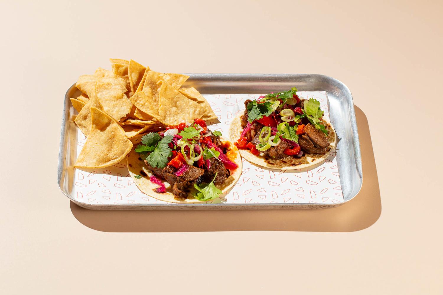 2 Birria Beef Tacos & Box of Tortilla Chips