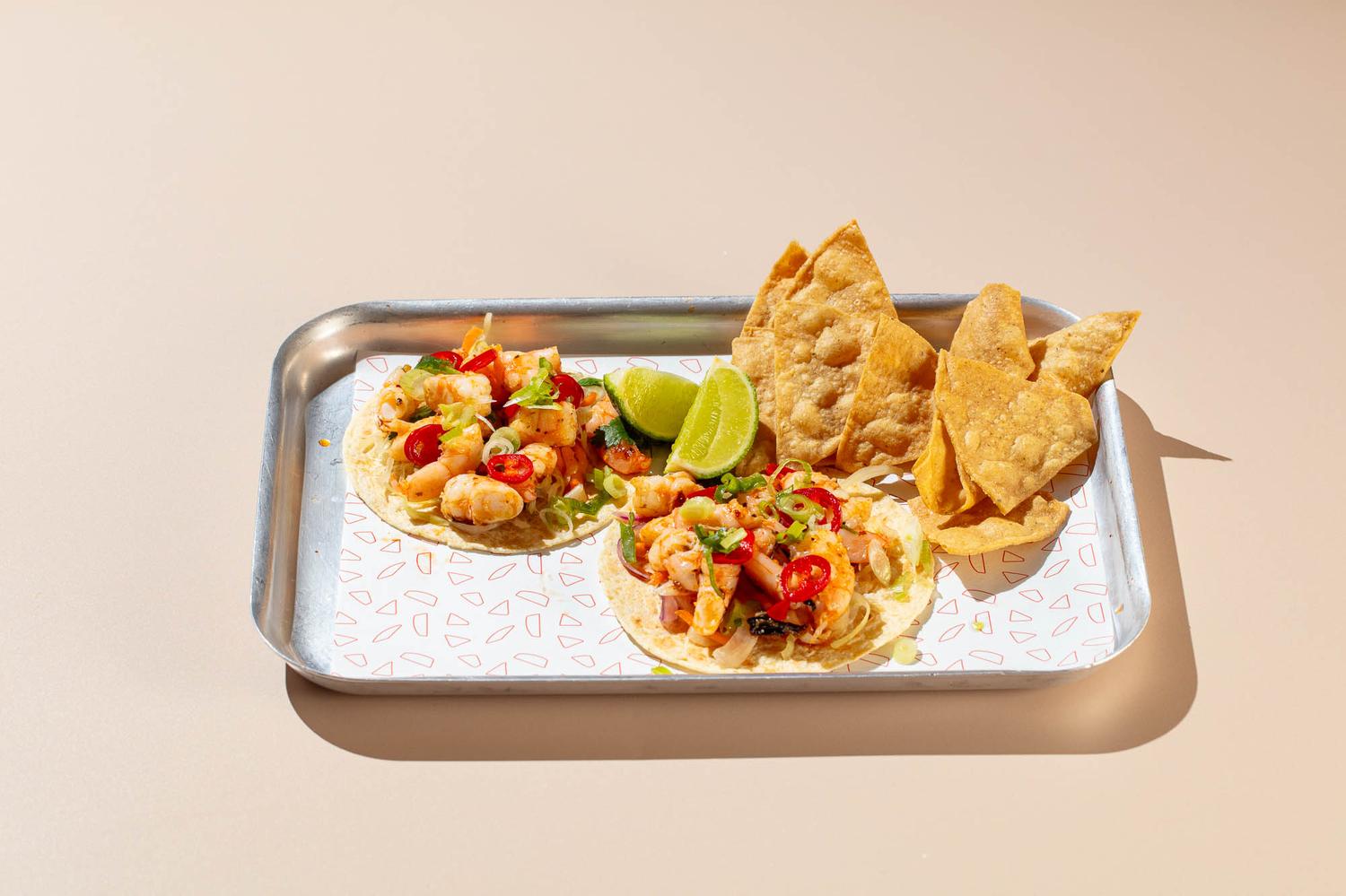 2 Chilli Garlic Prawn Tacos &1box of Tortilla Chip