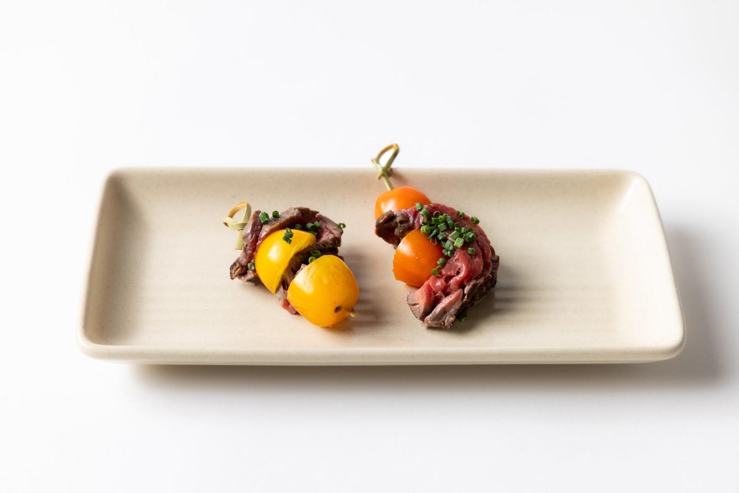Seared Kangaroo and Heirloom Tomato Skewer