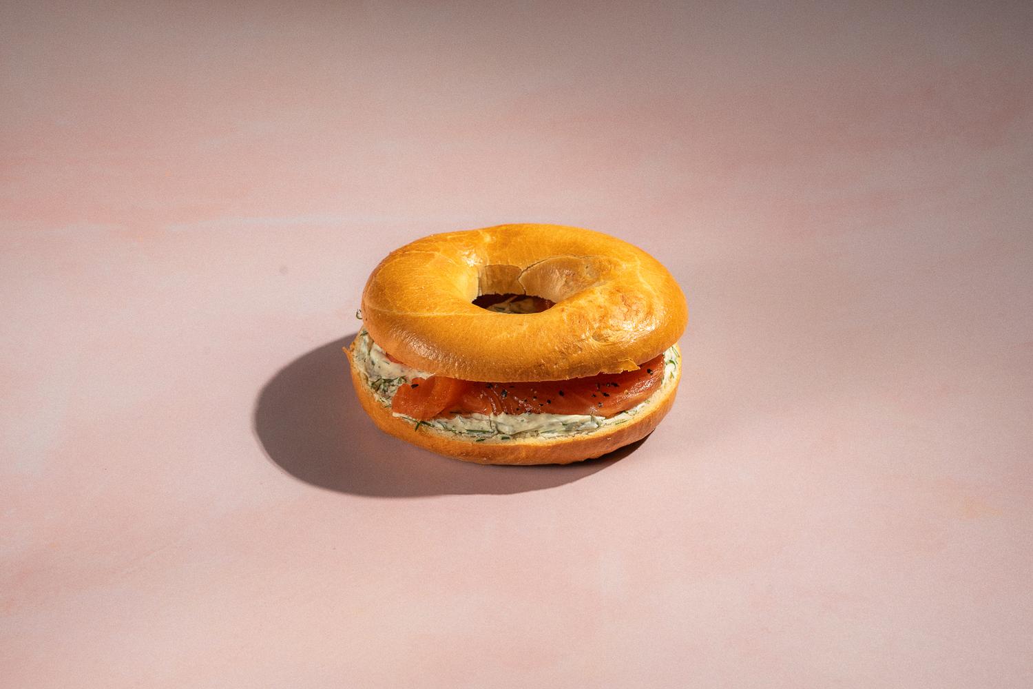 Salmon + cream cheese cereal bagel