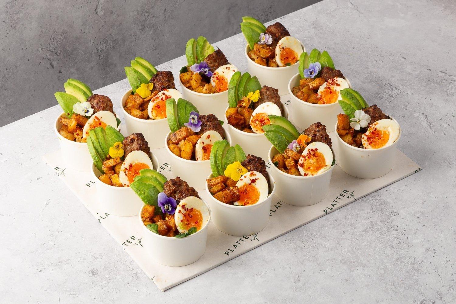 Sausage, Soft-Boiled Egg, Potato and Avocado Pots