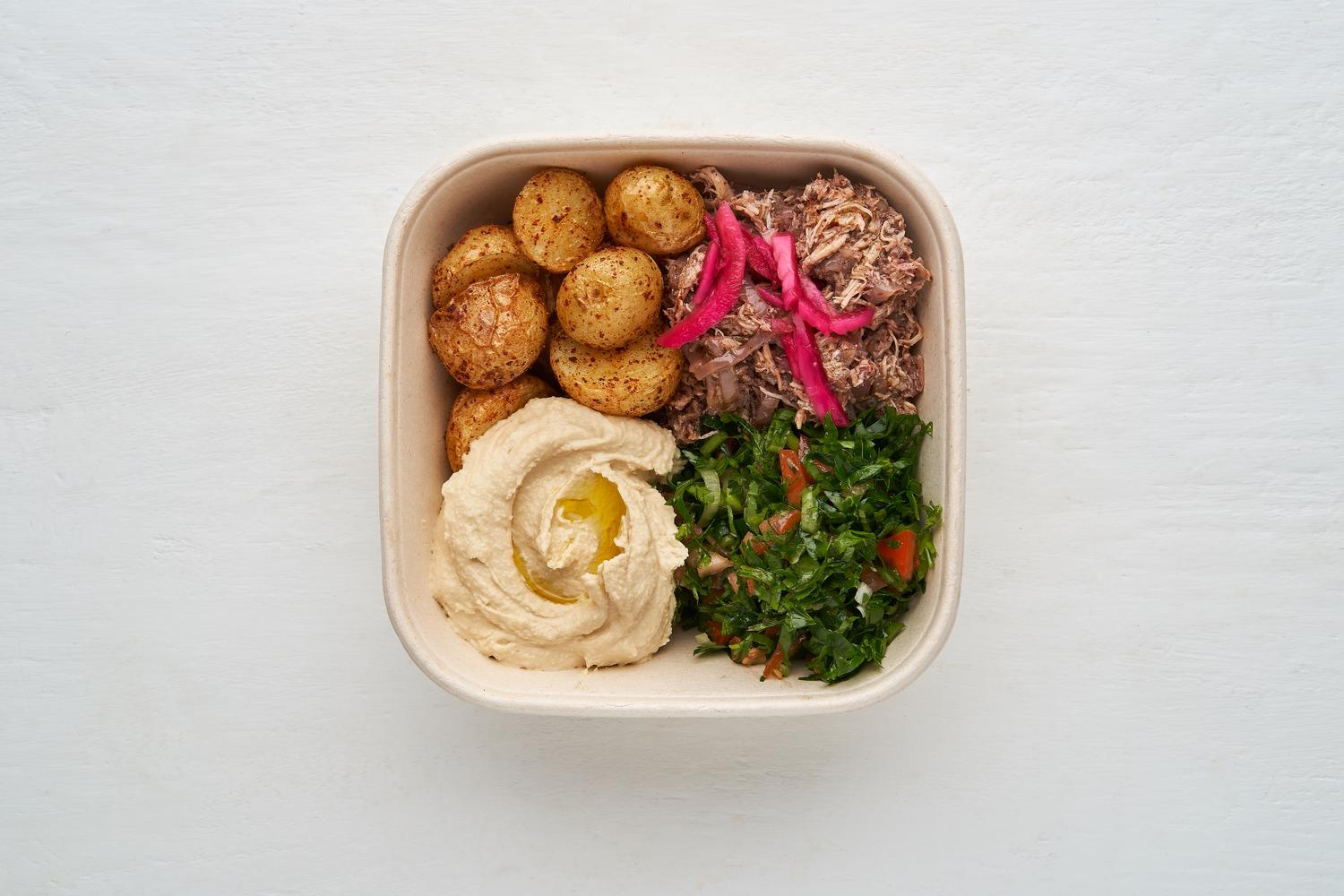 Sumac Pulled Chicken Hummus & Tabbouleh Bowl