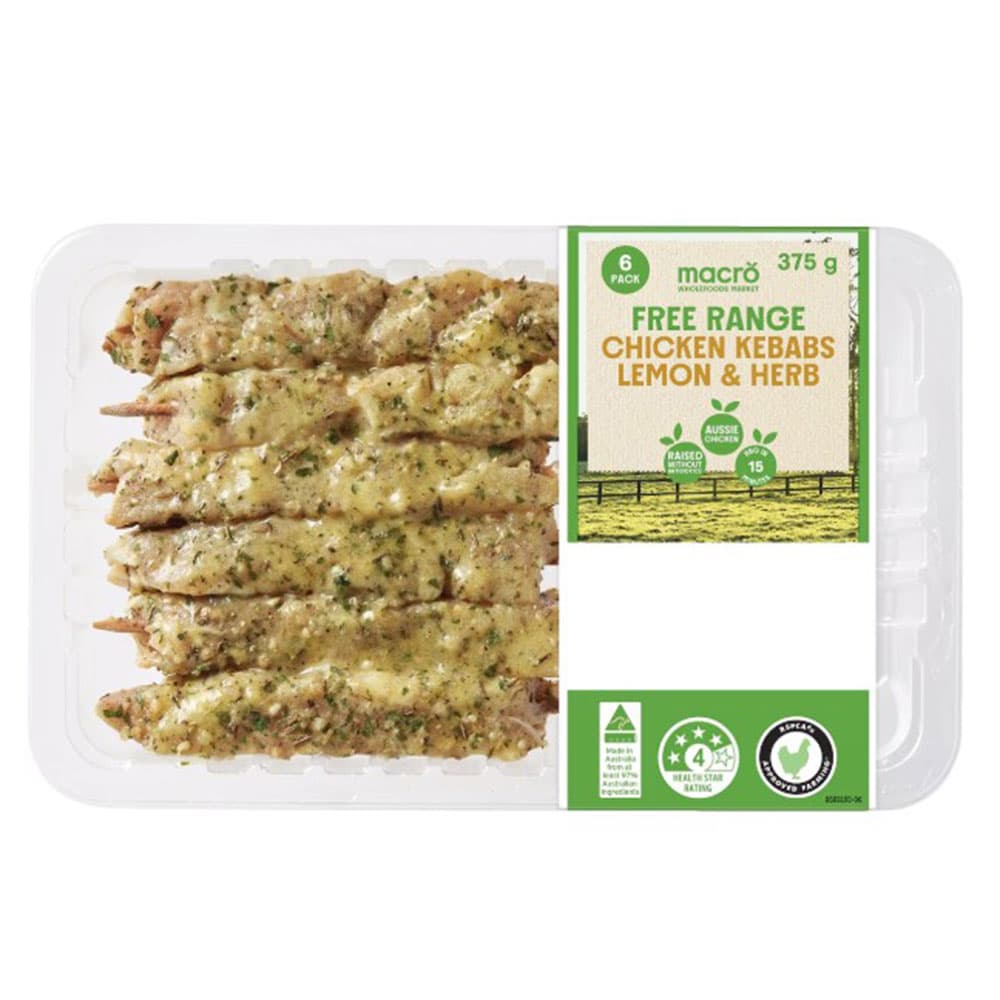 Macro 6 FreeRange Chicken Kebabs Lemon & Herb 375g