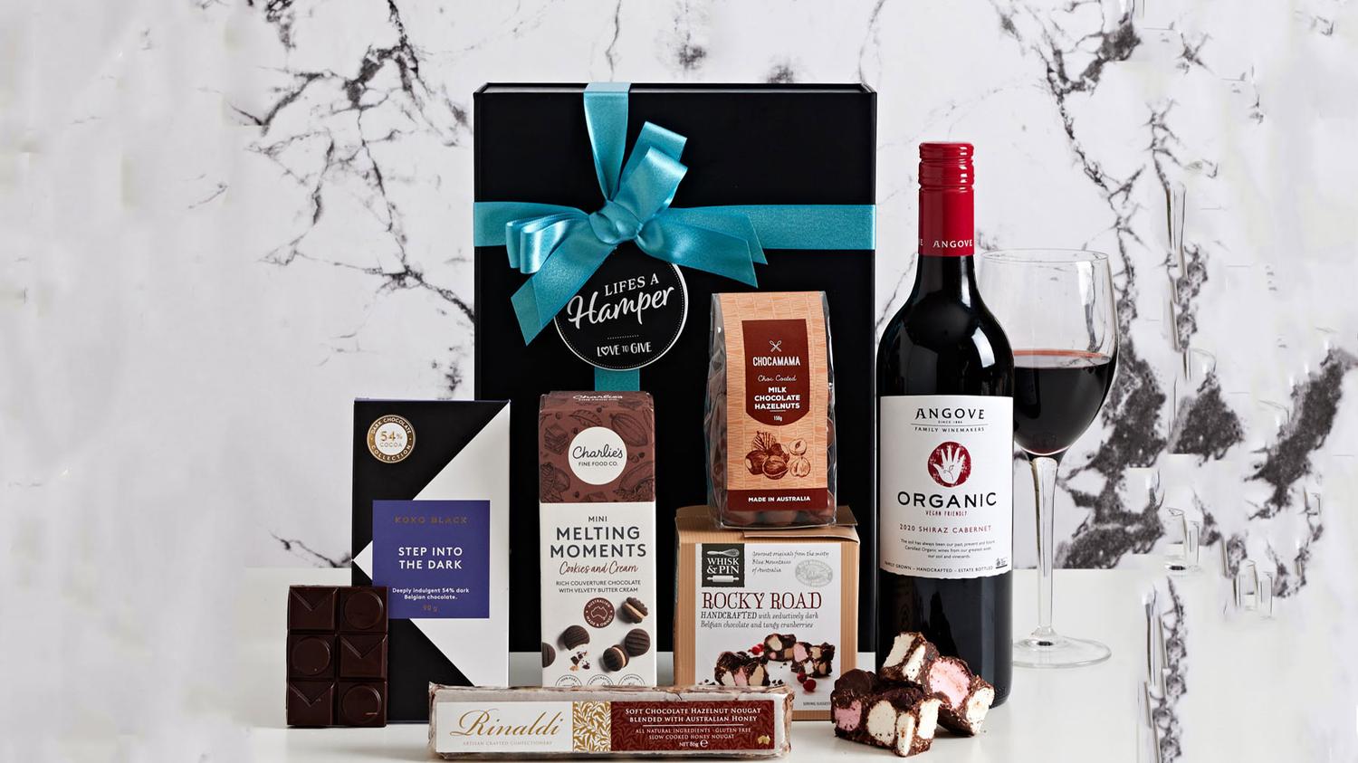 Organic Red Wine and Chocolates Hamper