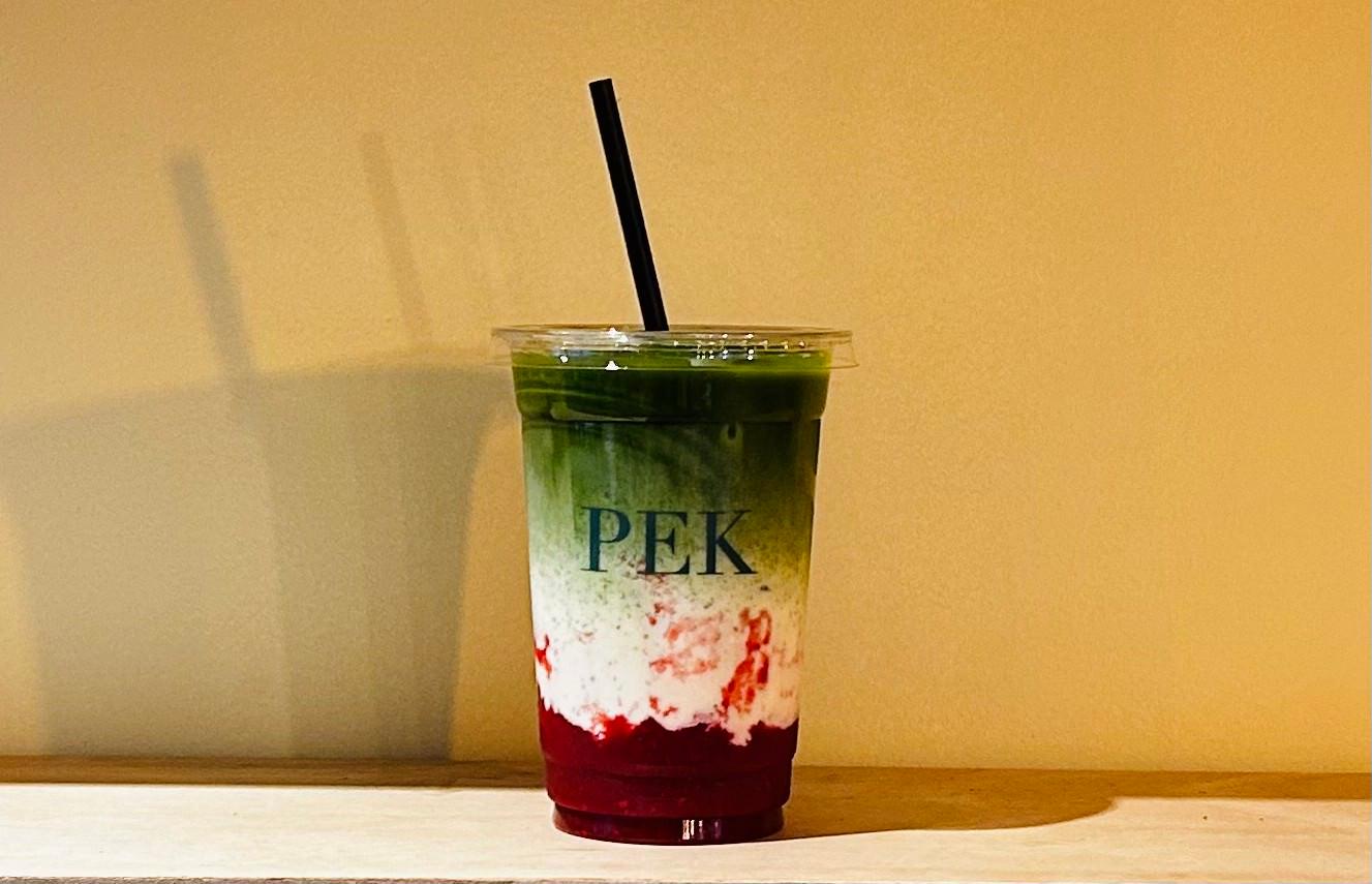 Raspberry iced matcha latte 