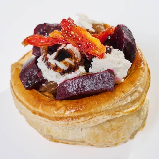 Roast Beetroot Goats Cheese Caramelized Onion Tart