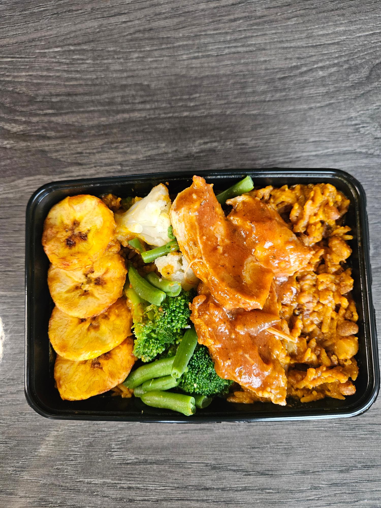 Rice & beans with plantain & mixed vegetables-Meat