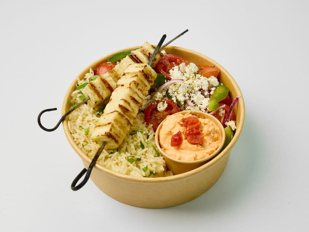 Halloumi Souvlaki Rice Bowl