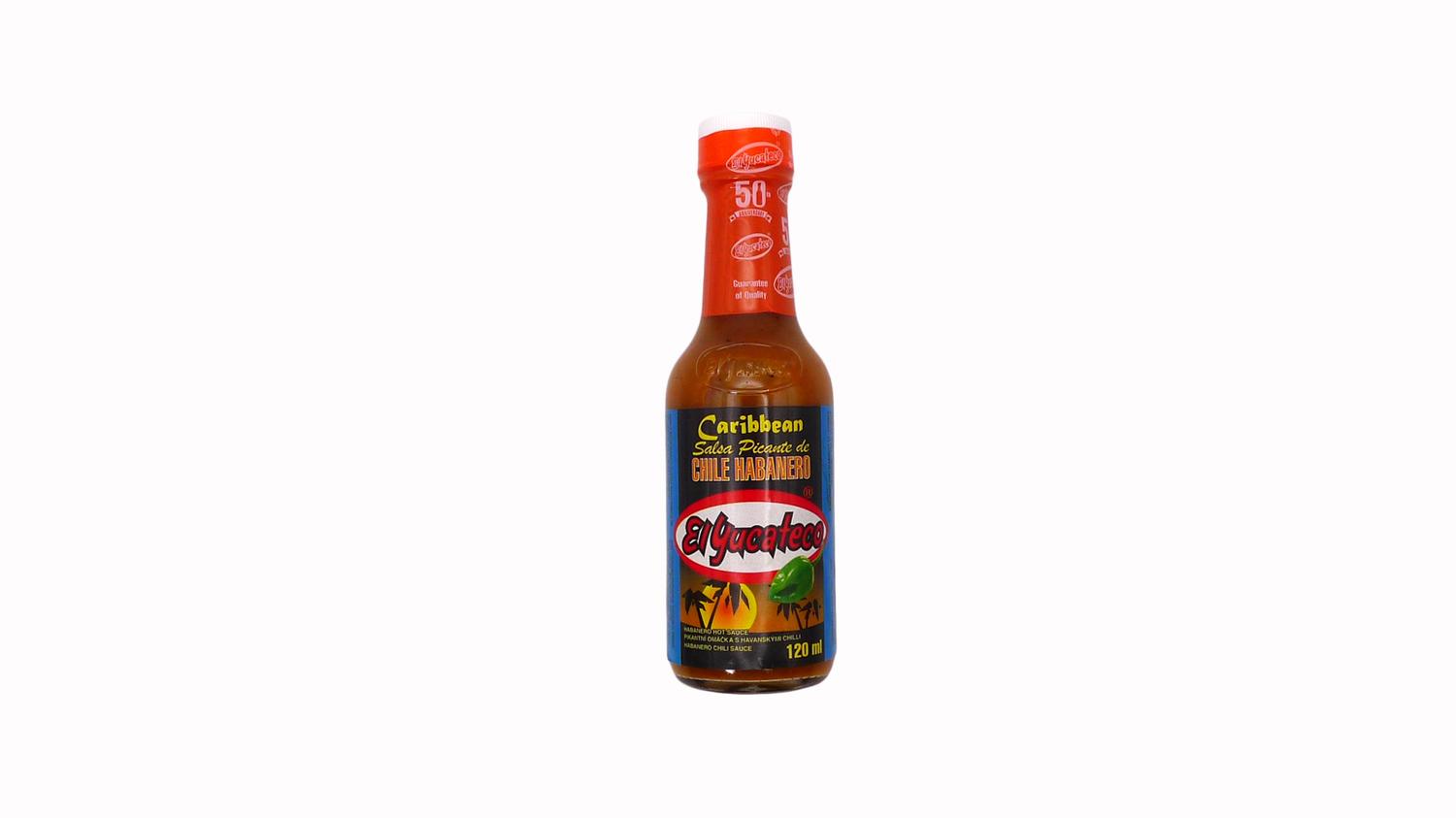 Bottle of El Yucateco Caribbean Habanero Hot Sauce