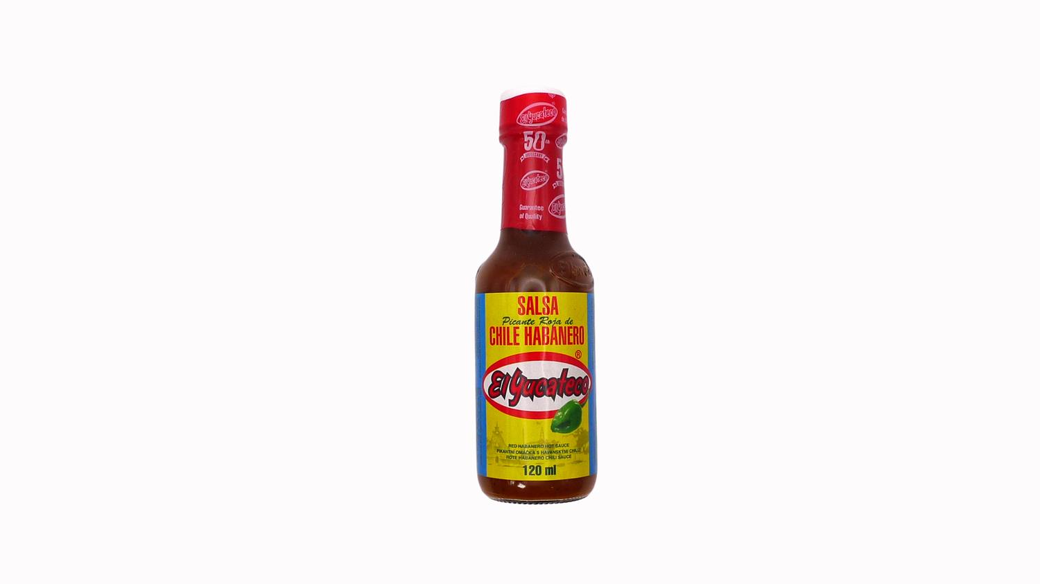Bottle of El Yucateco Red Habanero Hot Sauce