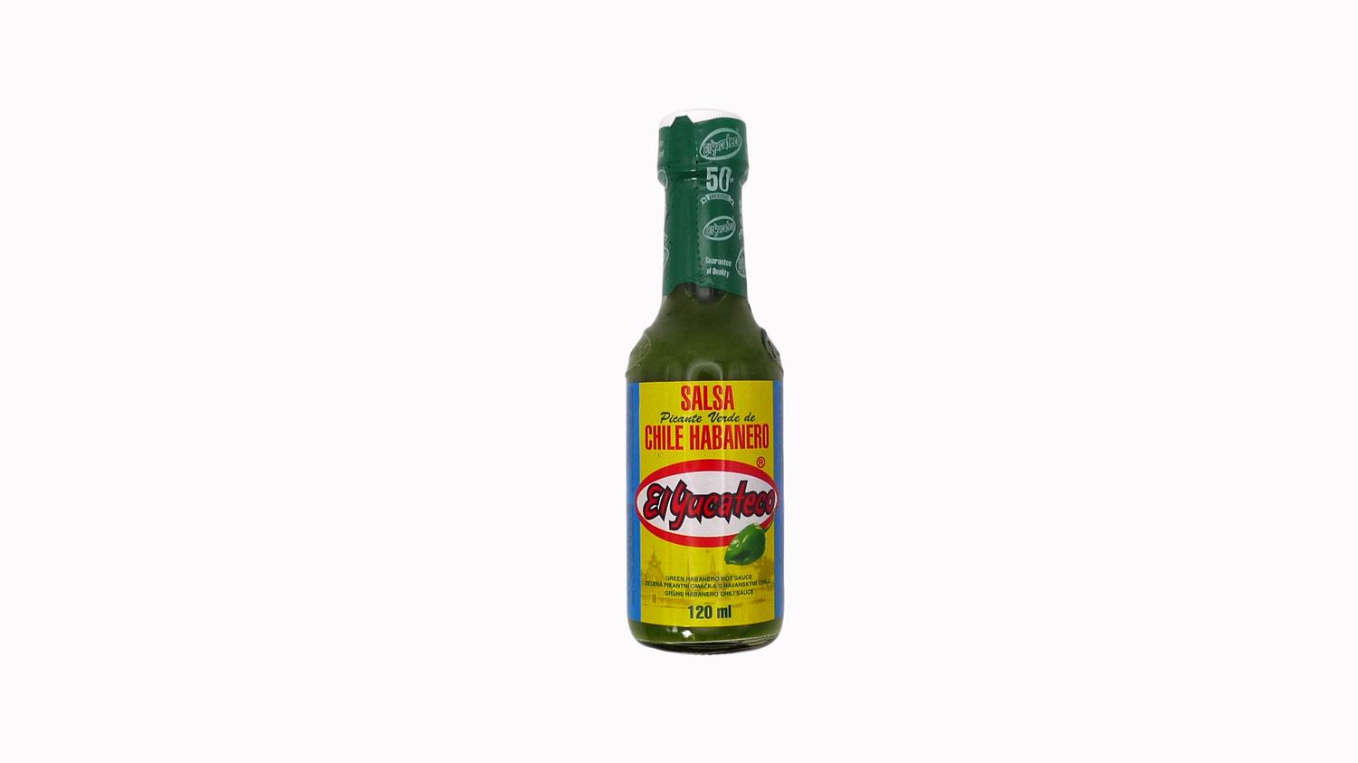 Bottle of El Yucateco Green Habanero Hot Sauce