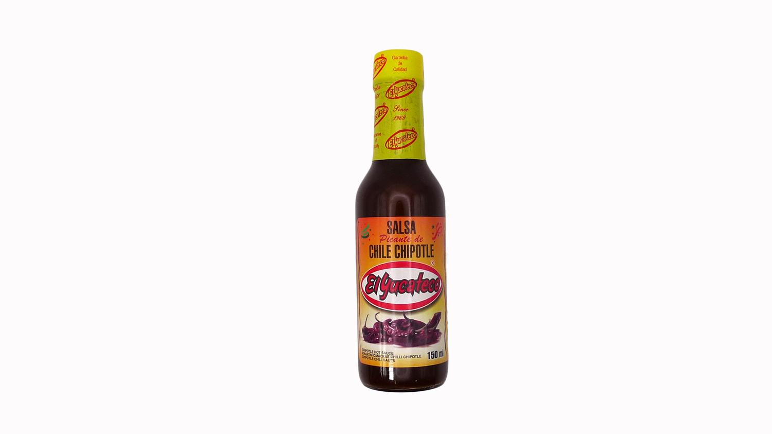 Bottle of El Yucateco Chipotle Hot Sauce