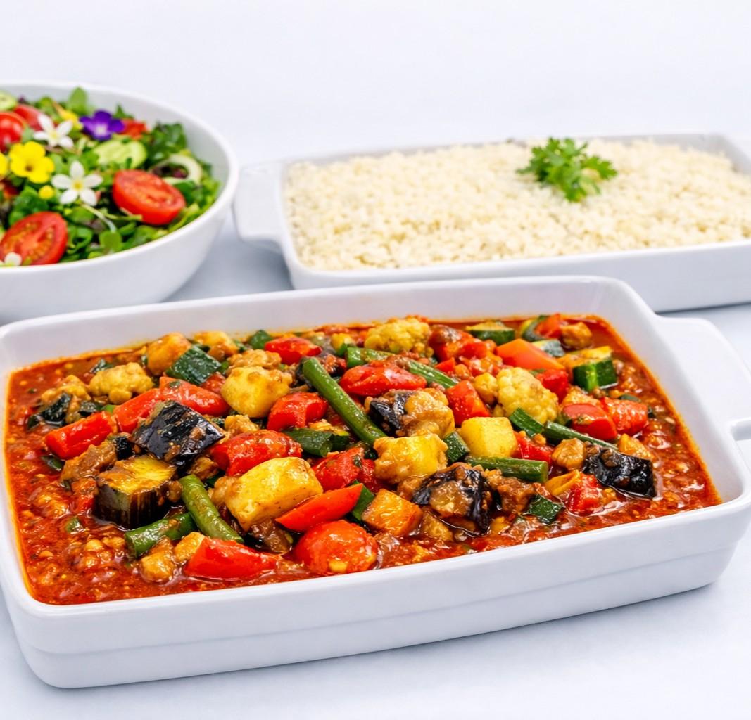 Moroccan Tagine w Couscous & Harissa Sauce & Salad