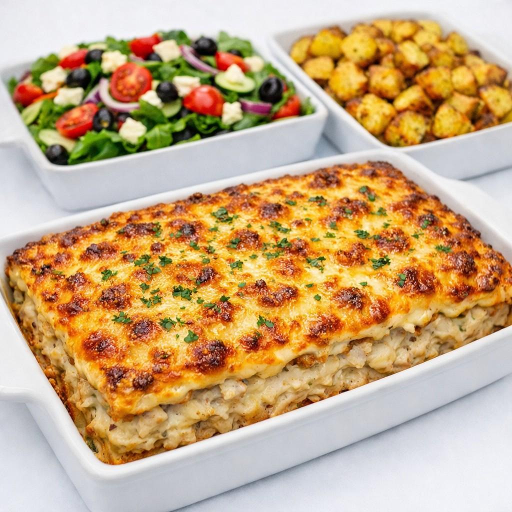 Tuna Bake with Greek Salad and Roasted Potatoes