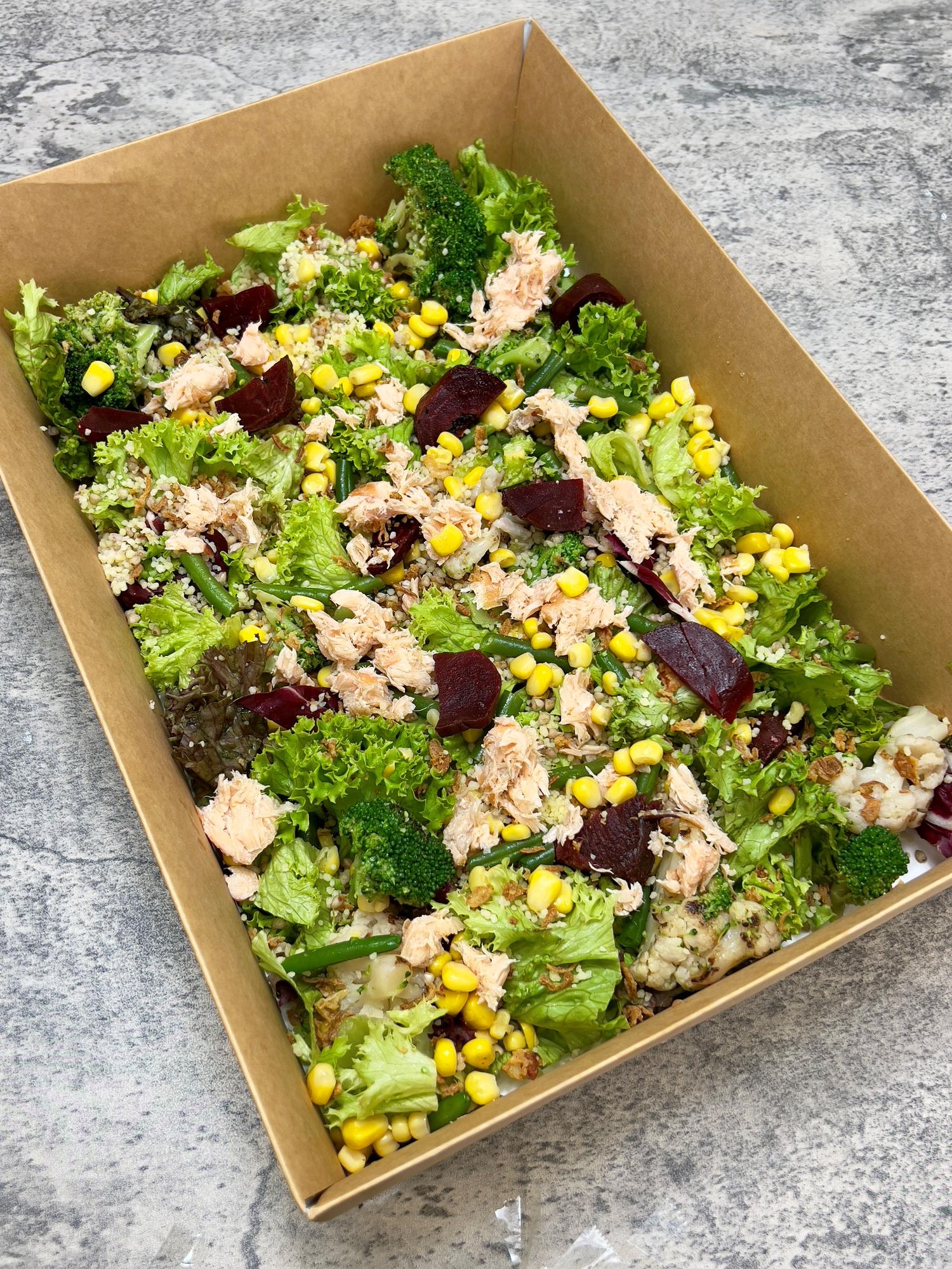 Sharing roasted salmon miso salad