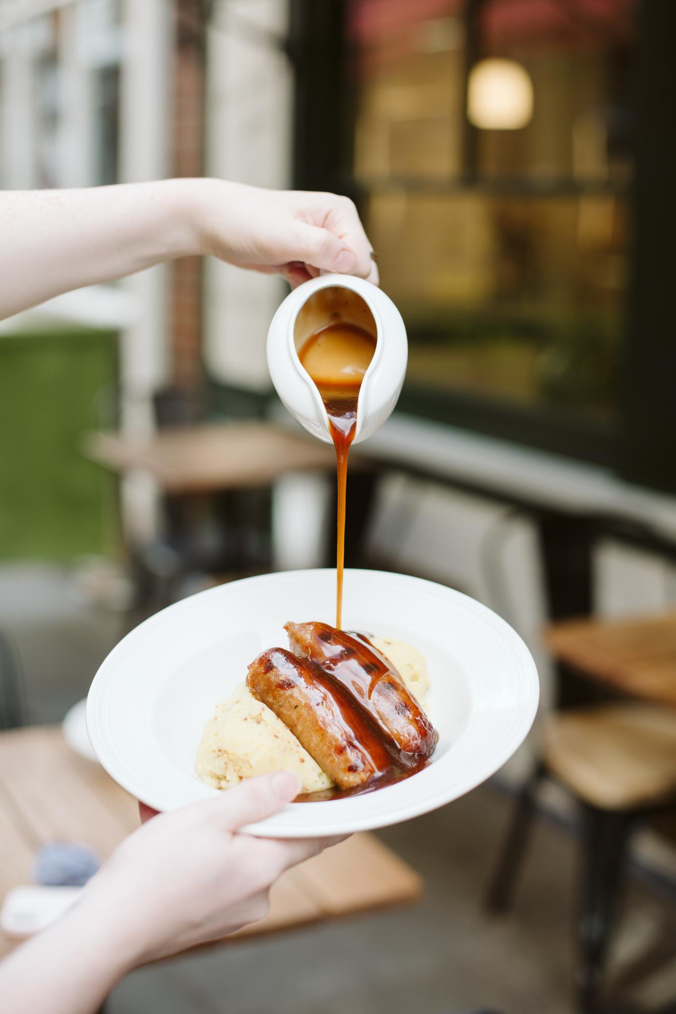 Cheesy Mash, London Smokey Sausage, Onion Gravy