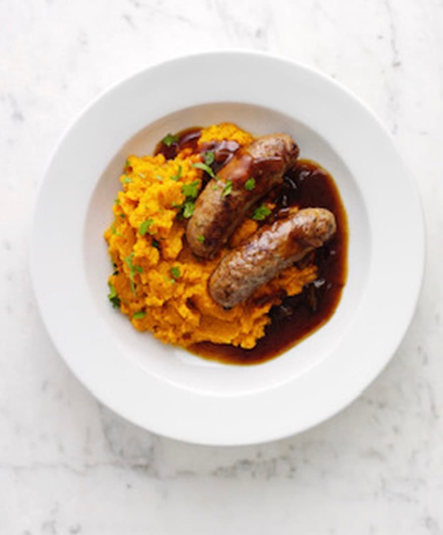 Sweet Potato Mash, Vegan Sausage, Vegan Gravy