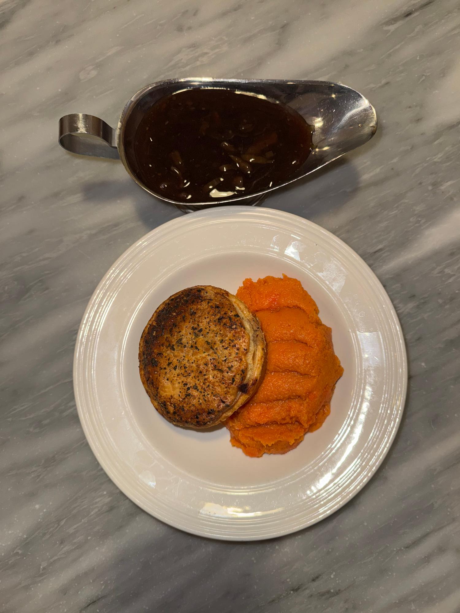 Vegan Mushroom Pie, Sweet Potato Mash & Gravy