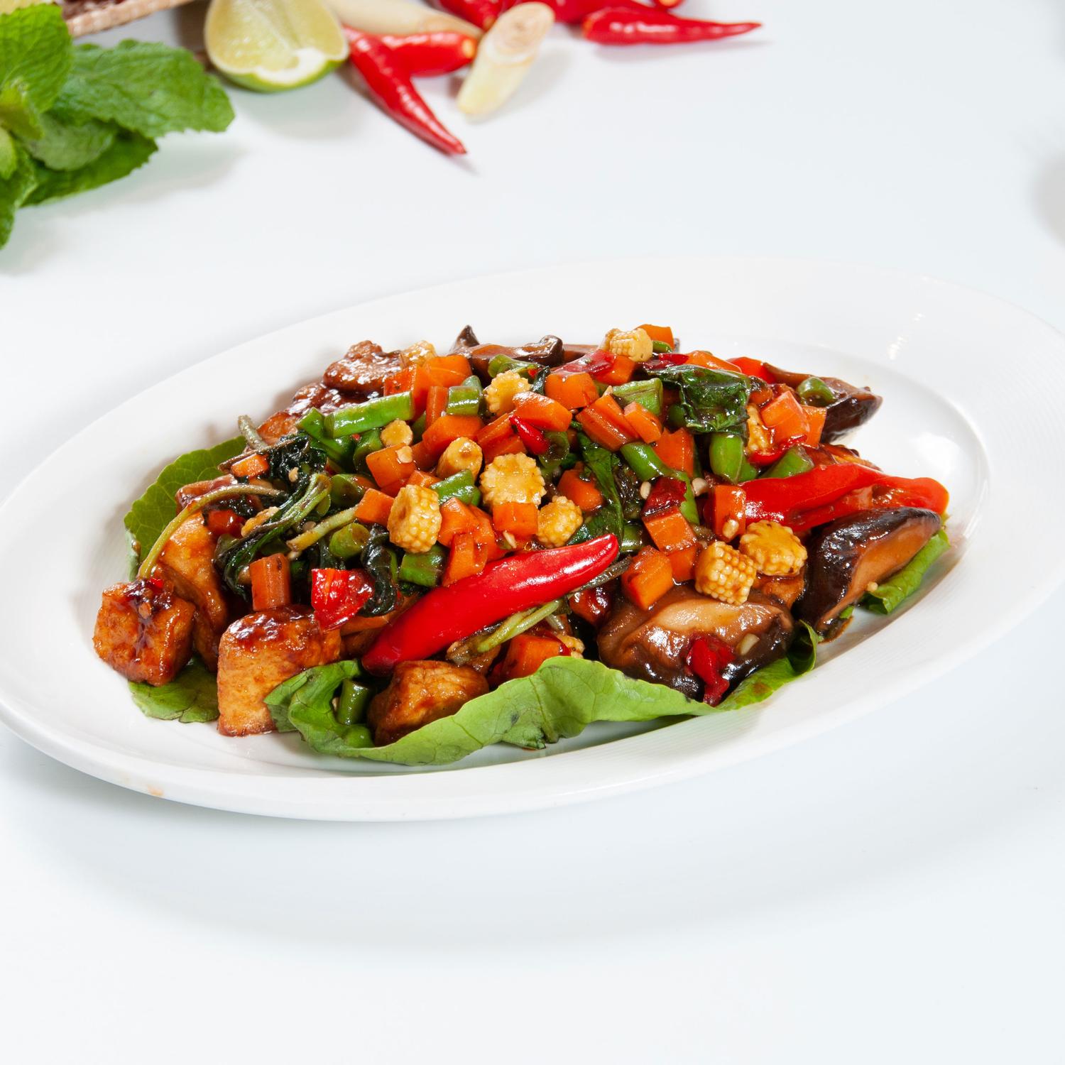 Stir-fried Tofu with Mushroom & Basil Leaves