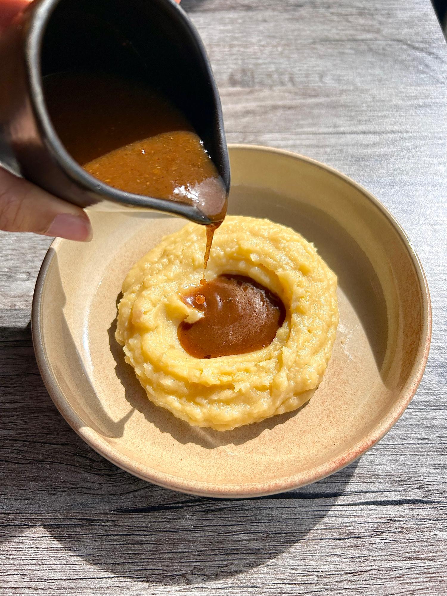Garlic mashed potatoes and Jamaican gravy
