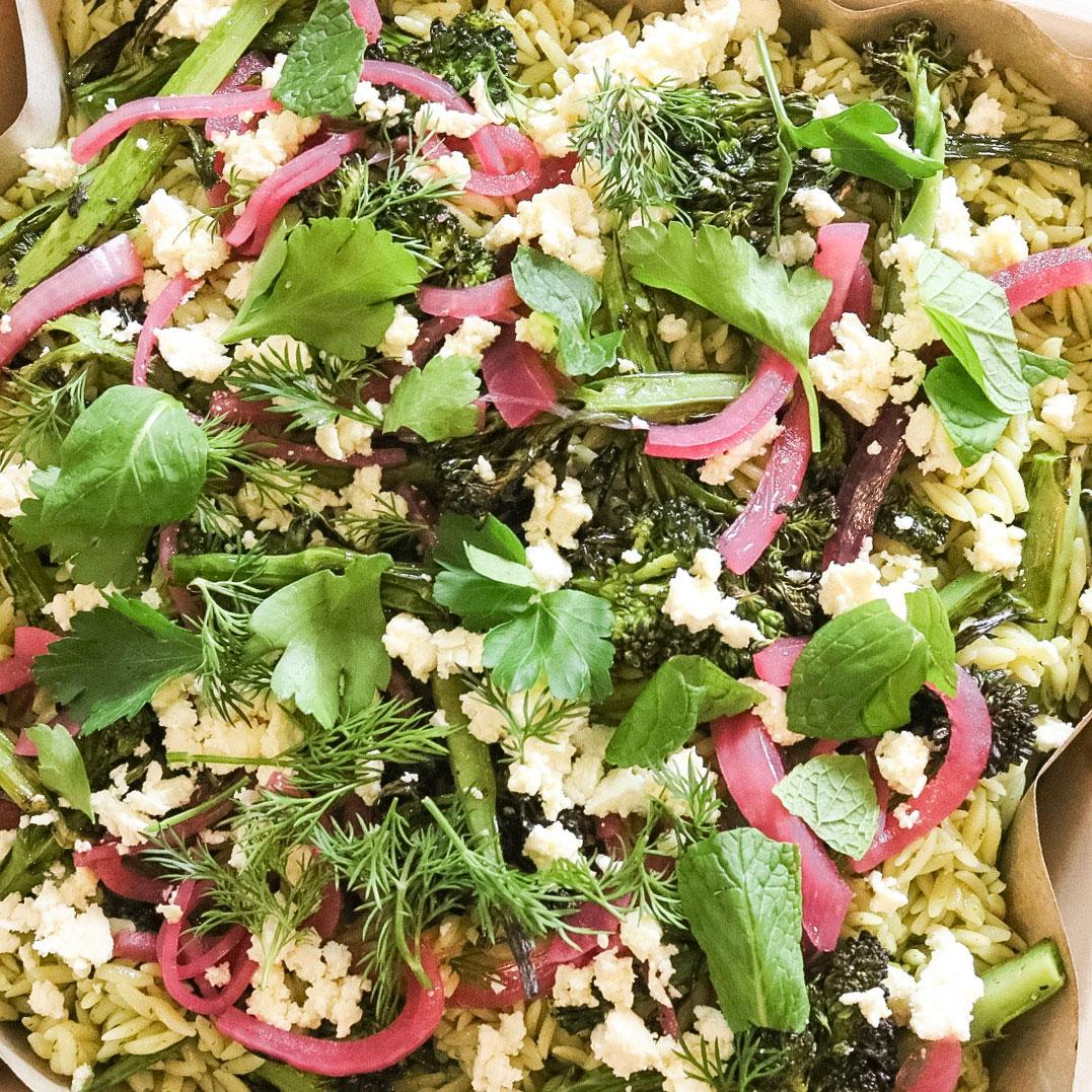 Charred Broccolini Herbed Risoni and Feta Salad