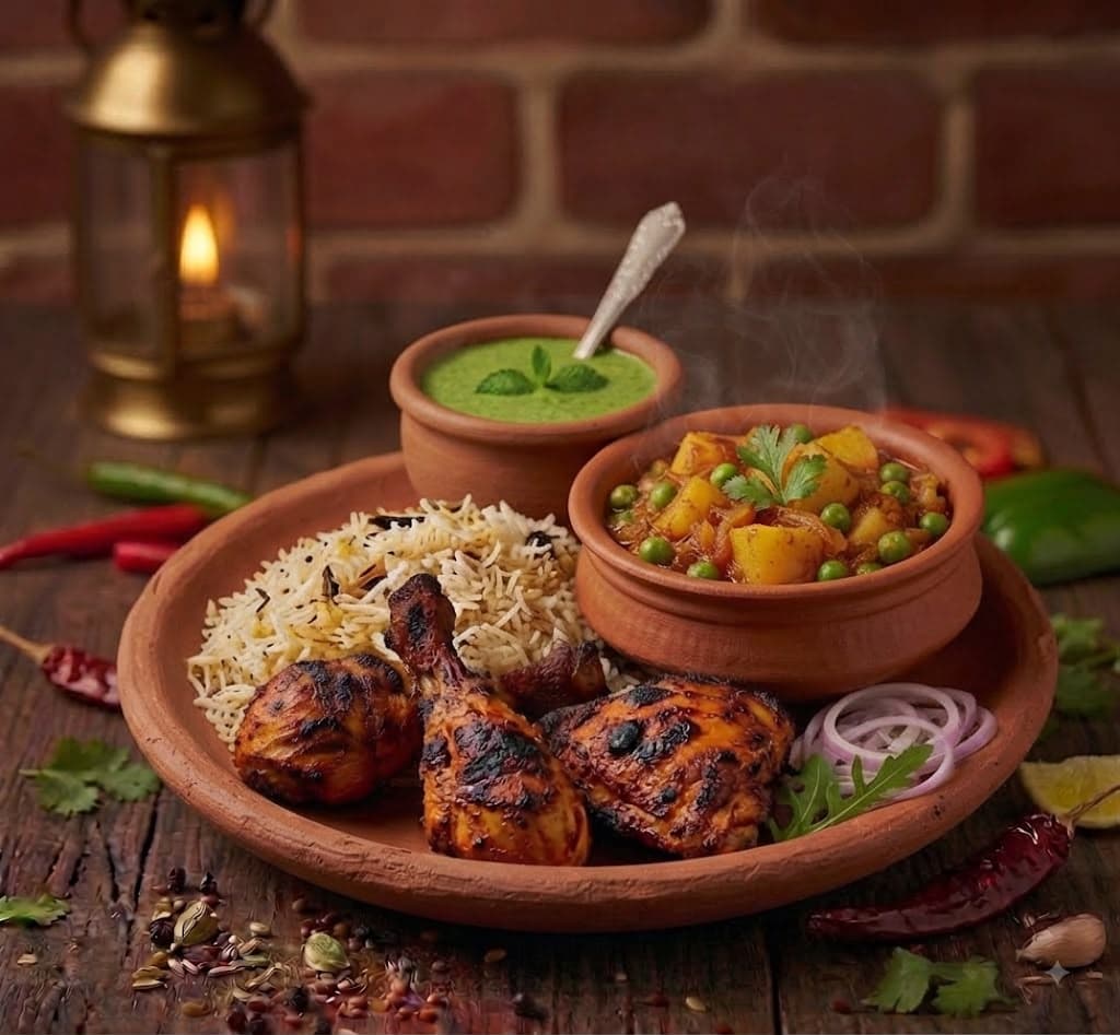 Tandoori Chicken Main Course Rice and Aloo Matar
