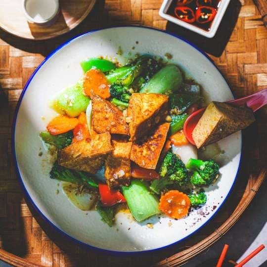 Vegan Stir-Fried Asian Green Vegetables and Tofu