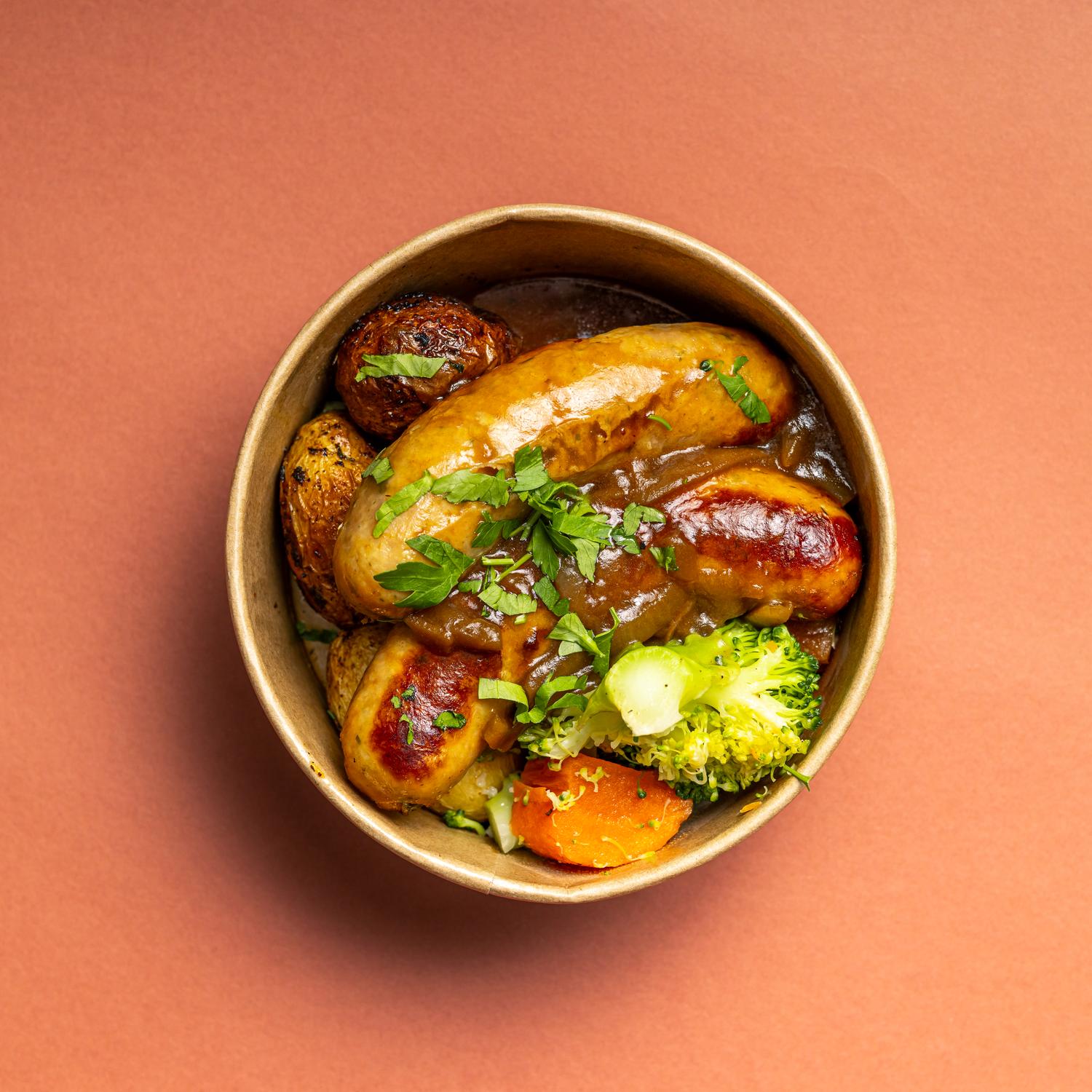 Garlic & Leek Sausages, Gravy, Baby Potatoes & Veg