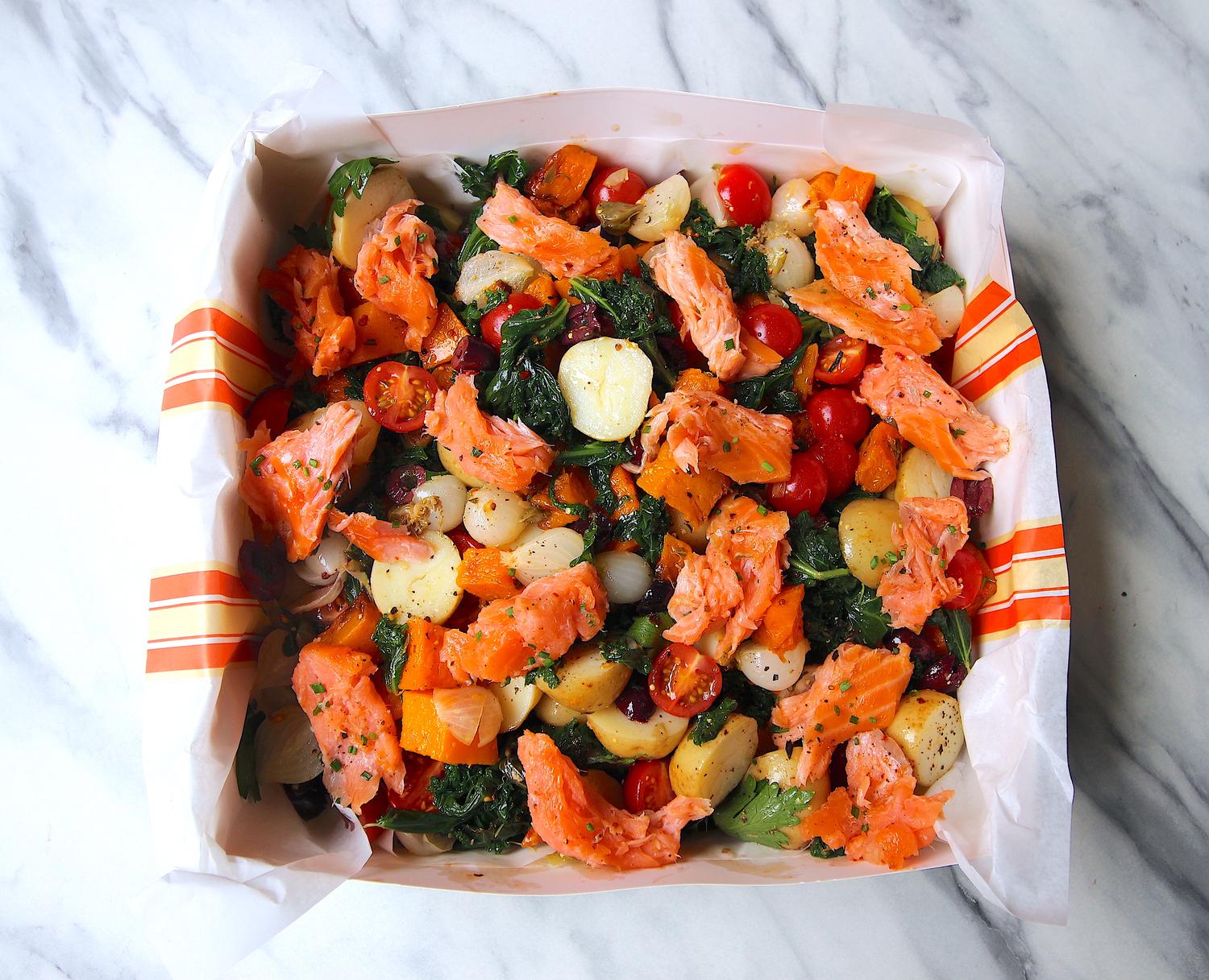 Super Squash & Kale Salad with Salmon 