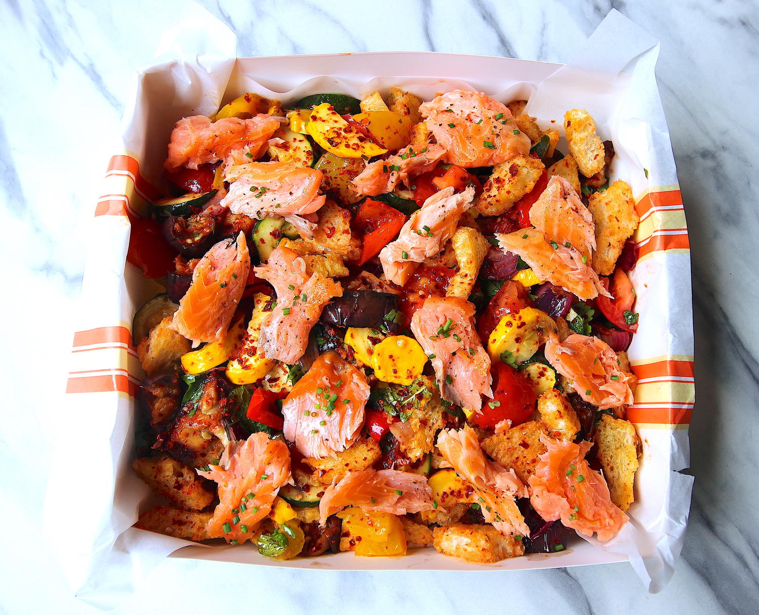 Roasted Vegetable Panzanella with Salmon 
