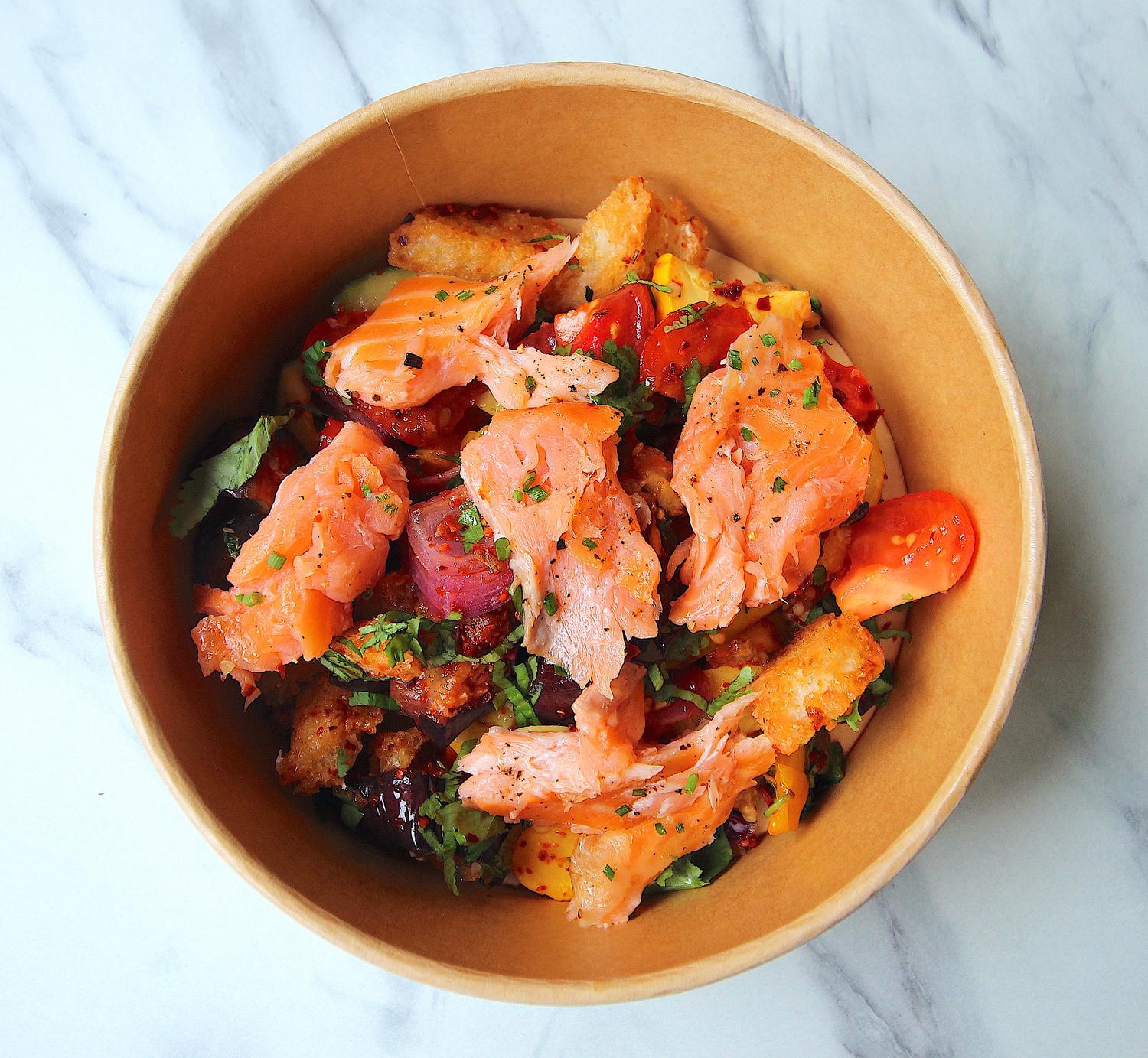 Roasted Vegetable Panzanella + Salmon