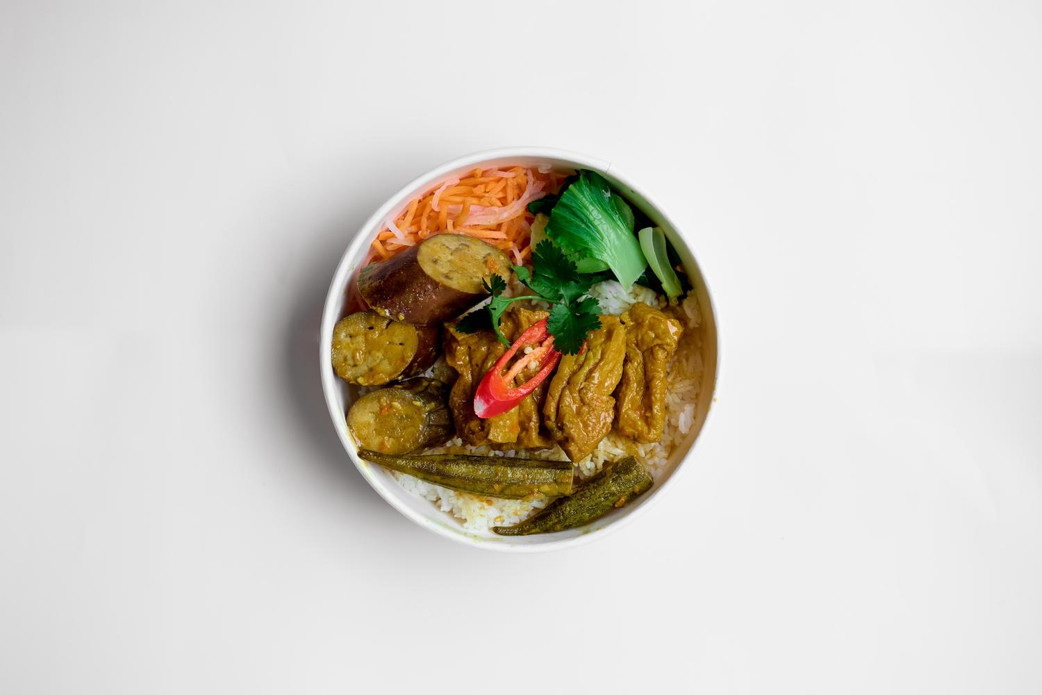 Braised Tofu and Aubergine Rice bowl
