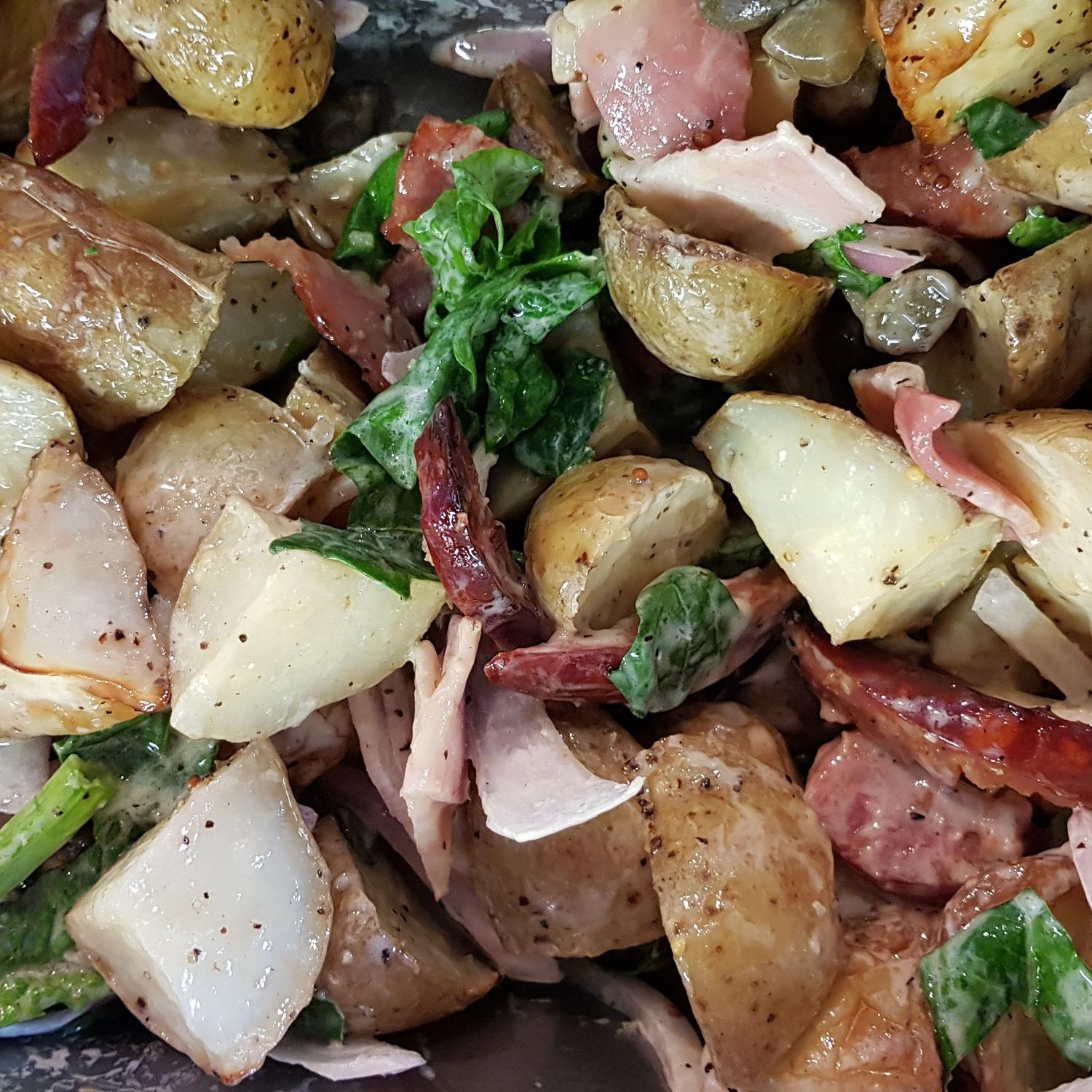 Roast Baby Potatoes, Chorizo & Bacon Salad