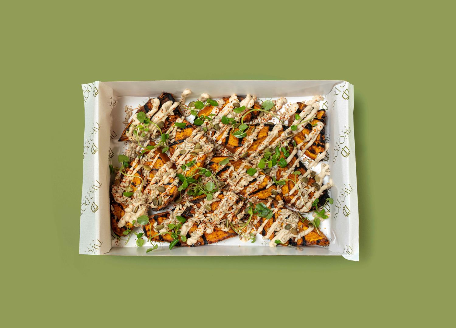 Roast Sweet Potato, Tahini Dressing & seeds.