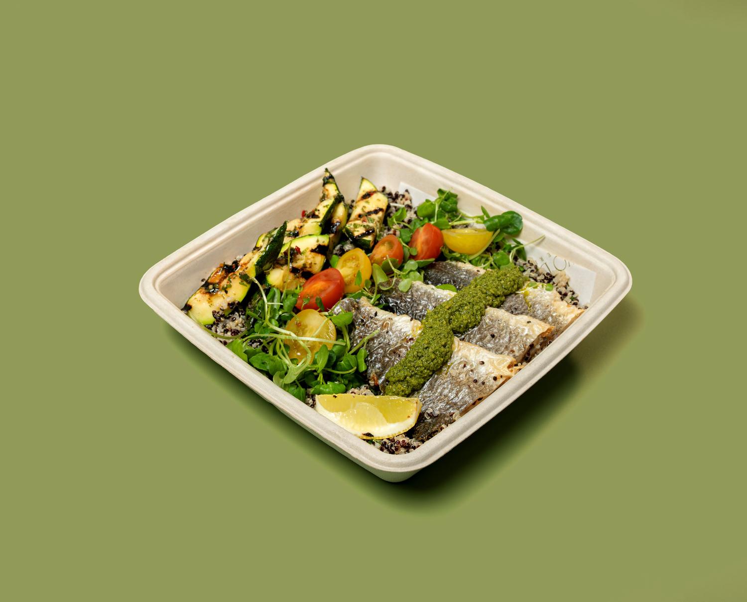 Grilled Seabass & Quinoa & Salsa Verde Bowl