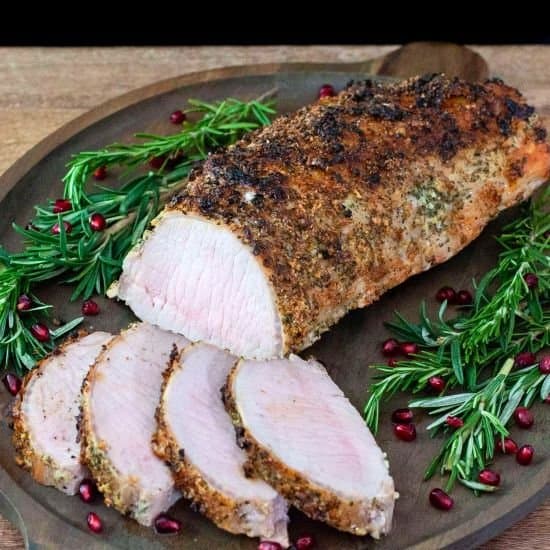 Herb-Crusted Roast Loin of Pork w Fig & Port Sauce