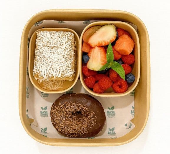 Coconut Cake, Donut and Fruit Salad Box