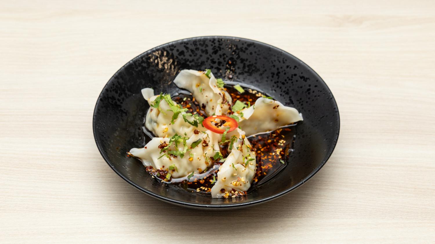 Steamed prawn dumplings in chilli oil