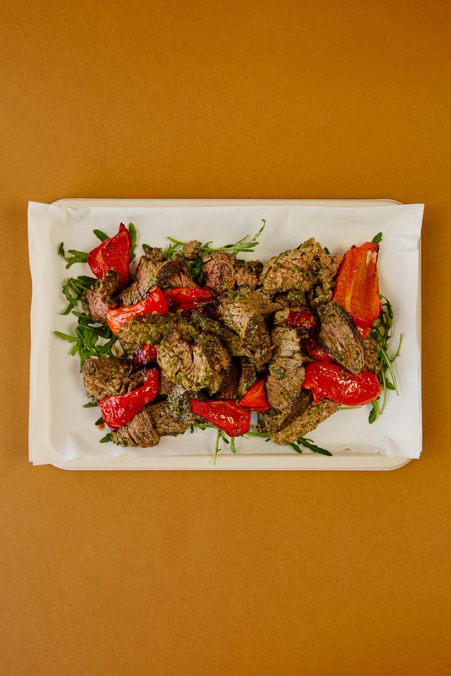 Bavette, zhough & red peppers platter
